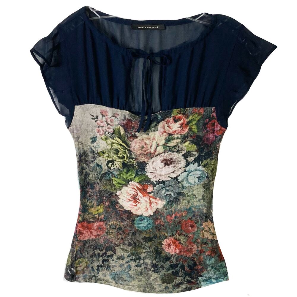 NWOT FORNARINA Top S Chiffon Sheer Floral-Art Bow-Tie Cut-Out Flutter-Short-Slev